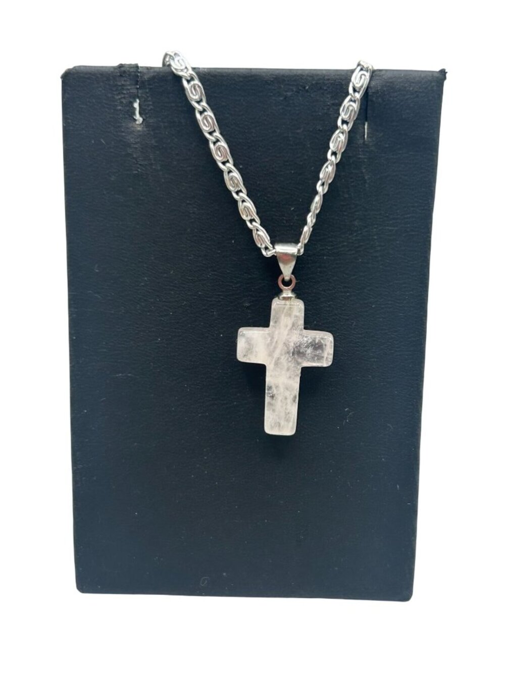Vtg Rose Quartz Cross Necklace Silver Tone Lightweight Eloxal Aluminium Chain
